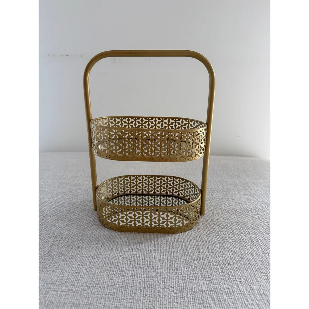 Gold Two Tier Counter Organizer with Mirrors Bathroom Decor Glam Regancy